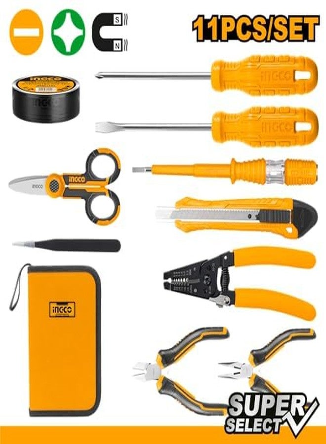 INGCO 11 Pcs electricians tools set,Long nose pliers,Diagonal cutting pliers,Wire stripper,Slotted screwdriver,Phillips screwdriver,Test pencil in Tools bag - Image 2